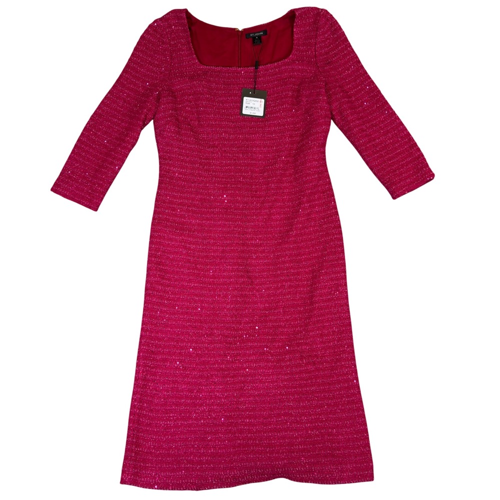 NWT St. John Raspberry Pink Sequin Knit Sheath Dress K12DQ02 Size 10 NWT